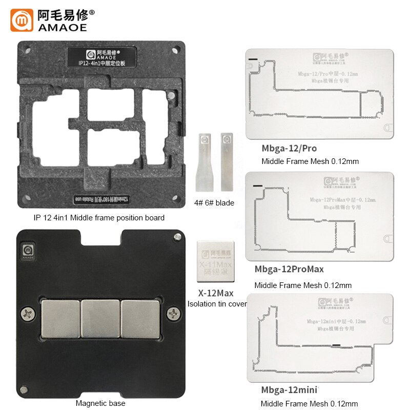Amaoe â carte mÃ¨re BGA pour iPhone X/XS/12 mini/12 Pro Max, cadre central, plate-forme de pochoir de reballage, modÃ¨le en Ã©tain de plantation